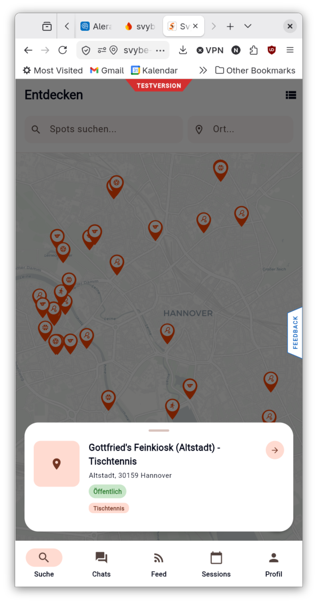 REASN App Kartenansicht mit Sportplätzen in Hannover