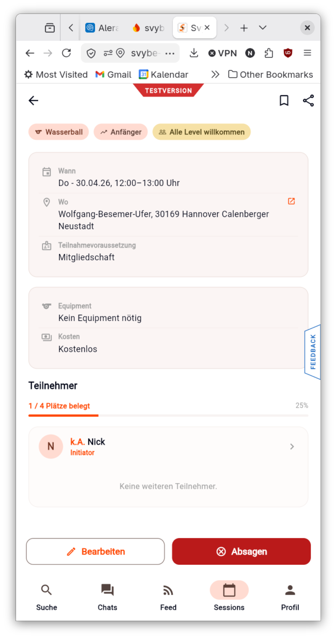 REASN App Session-Detailseite für Joggen am Garten